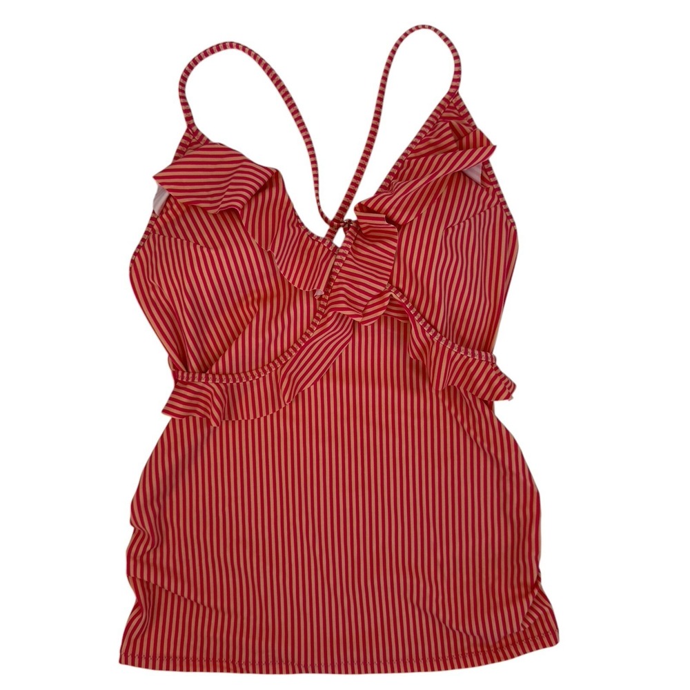 Motherhood Maternity Ruffle Front Tankini Top Pink Orange Striped UPF 50+ Size S